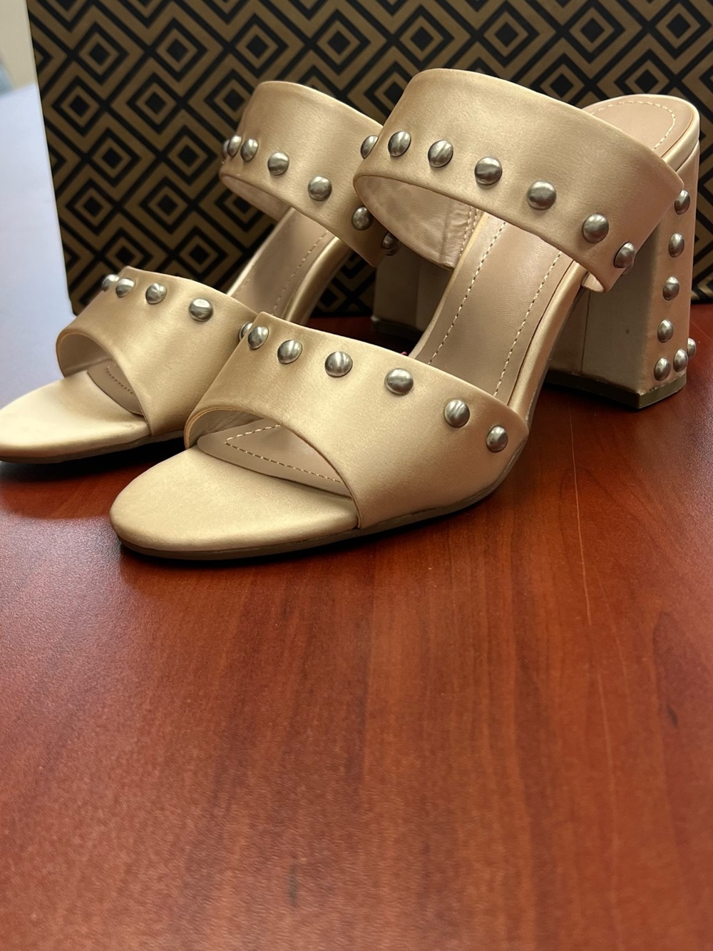 Charles By Charles David Nude Satin Studded Block Heels - Picture 2 of 3